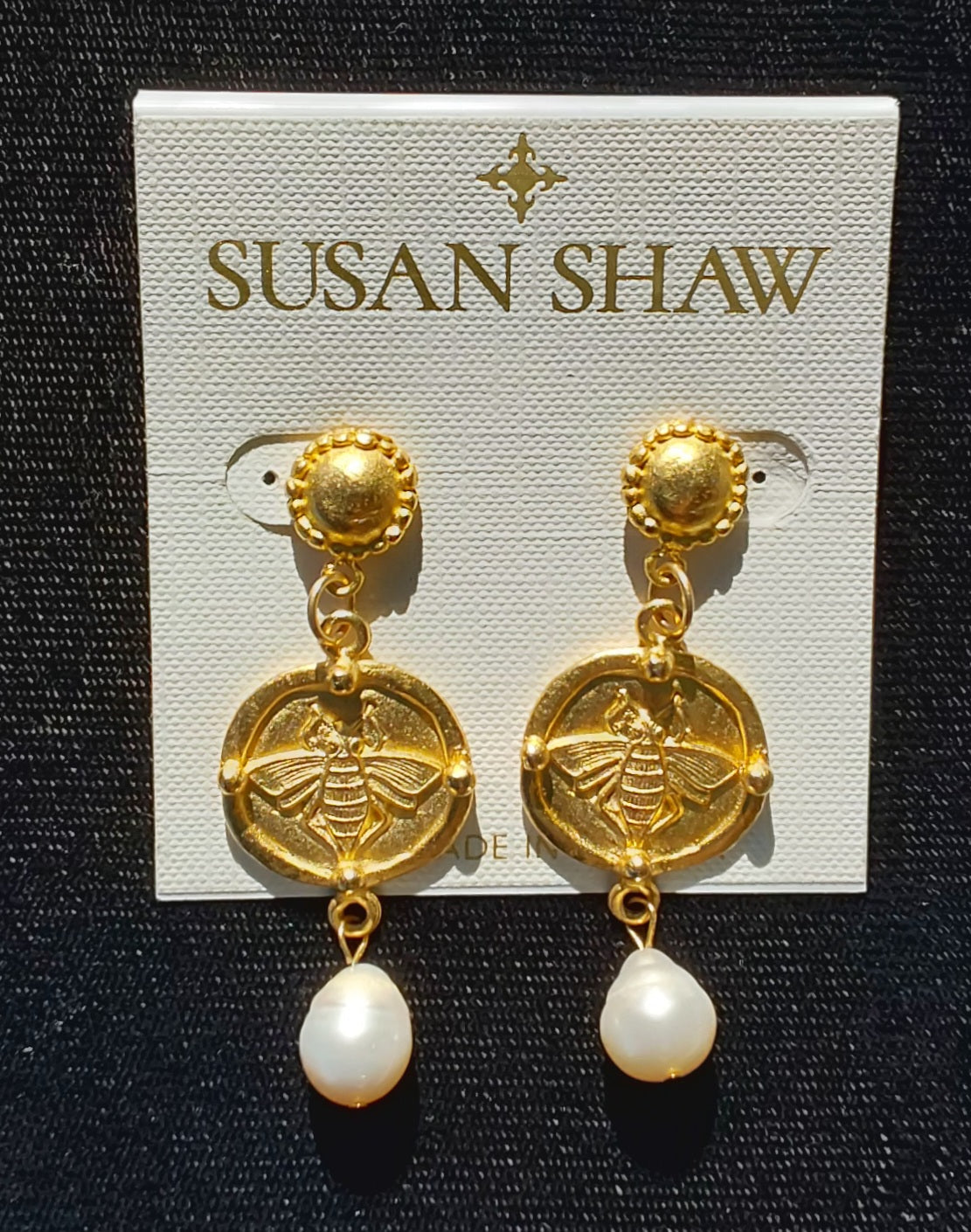 Susan Shaw - Gold Bee Intaglio & Pearl Drop  Earrings