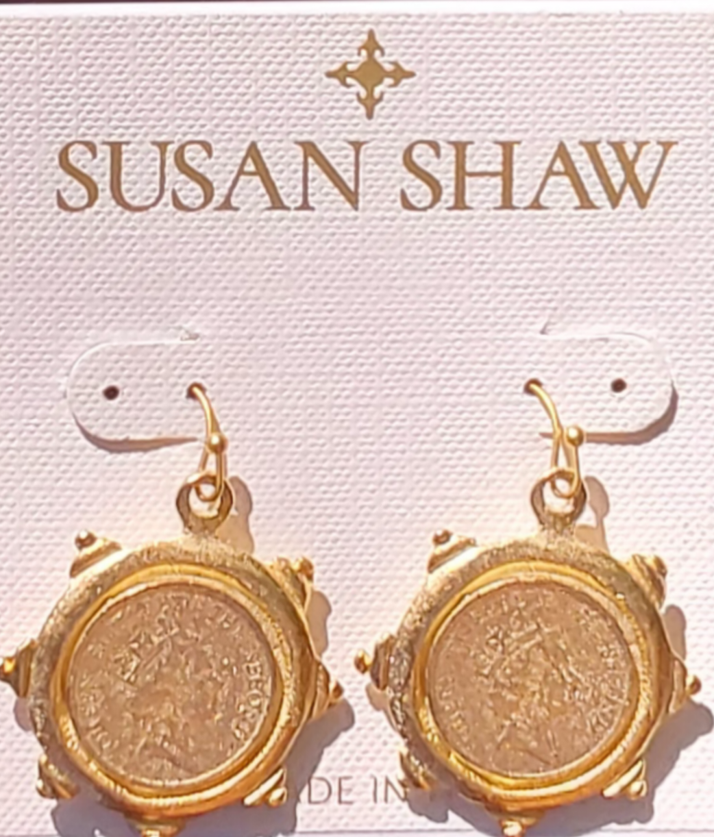 Susan Shaw- Queen Elizabeth II Gold Intaglio Coin Earrings- Pierced Wire