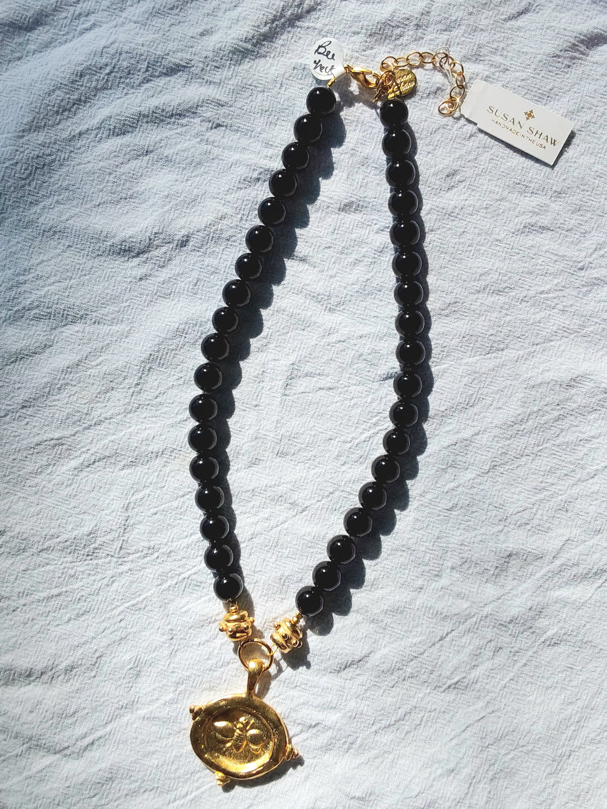 Susan Shaw Gold Bee Intaglio & Black Onyx Stone Necklace