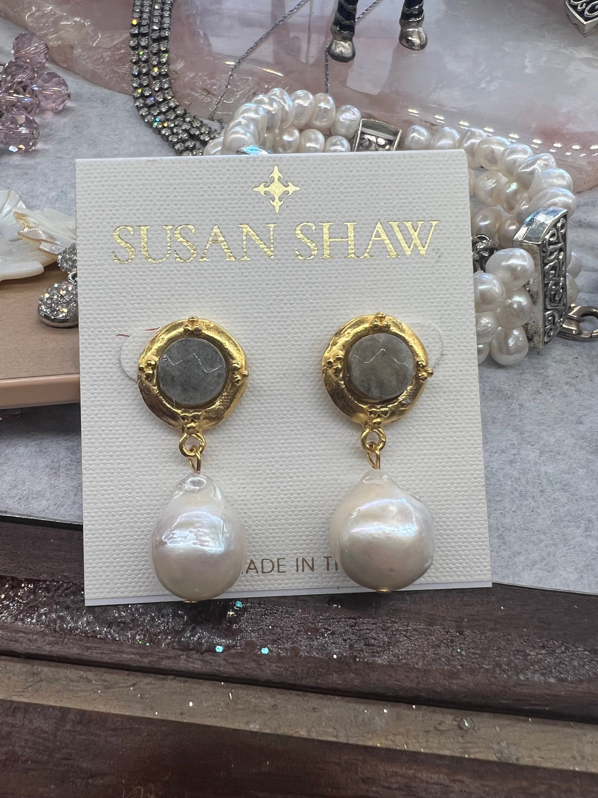 Susan Shaw - 24K Labradorite Pearl Drop Earrings
