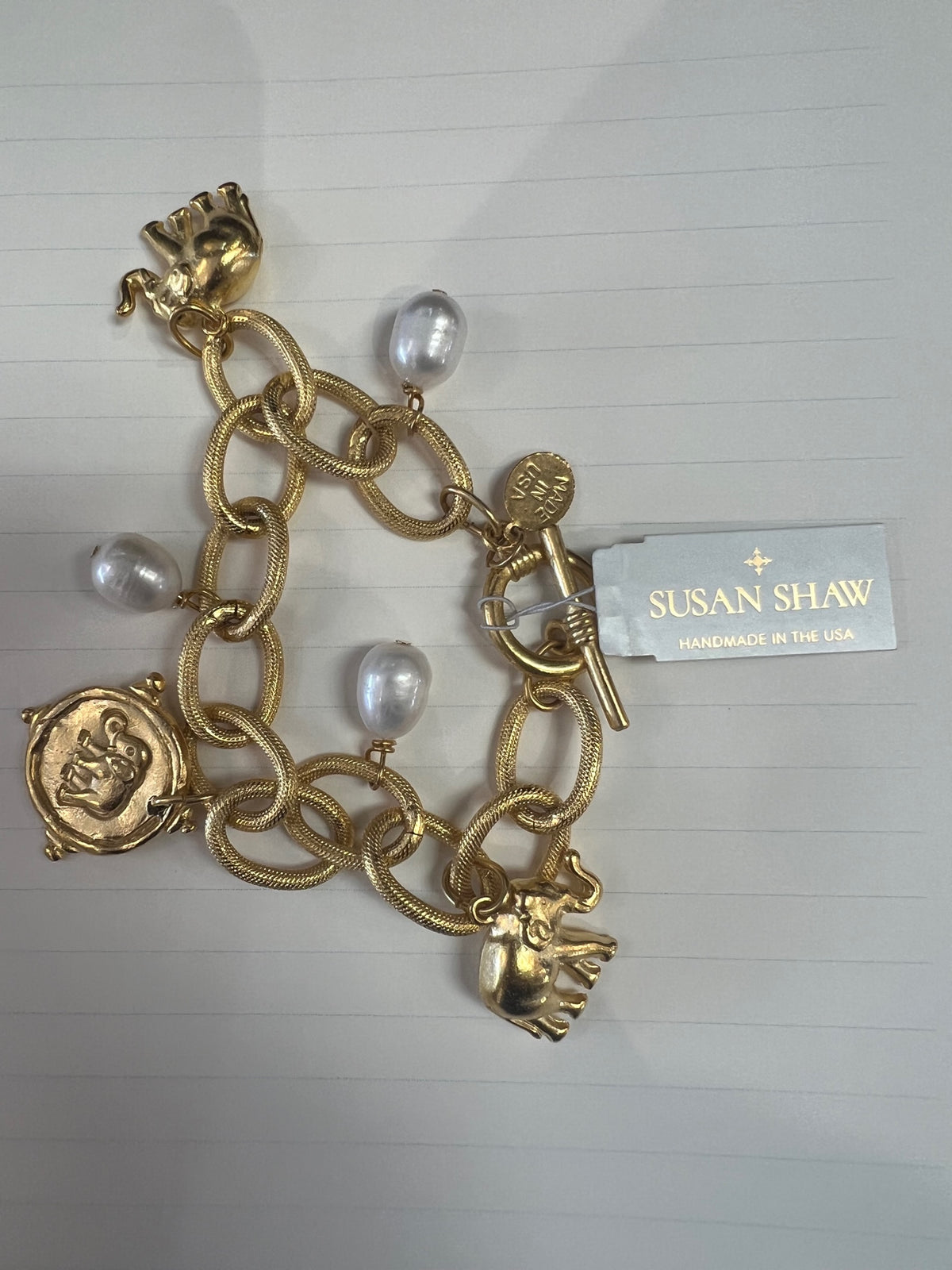 Susan Shaw- 24k Gold and Pearl Elephant Charm Bracelet