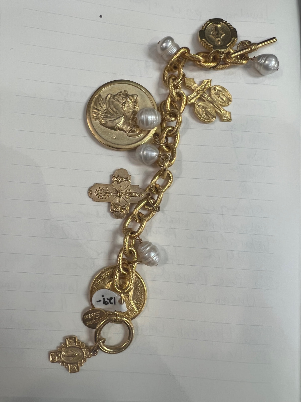 Susan Shaw - St. Christopher Pearl & Coin Charm Bracelet