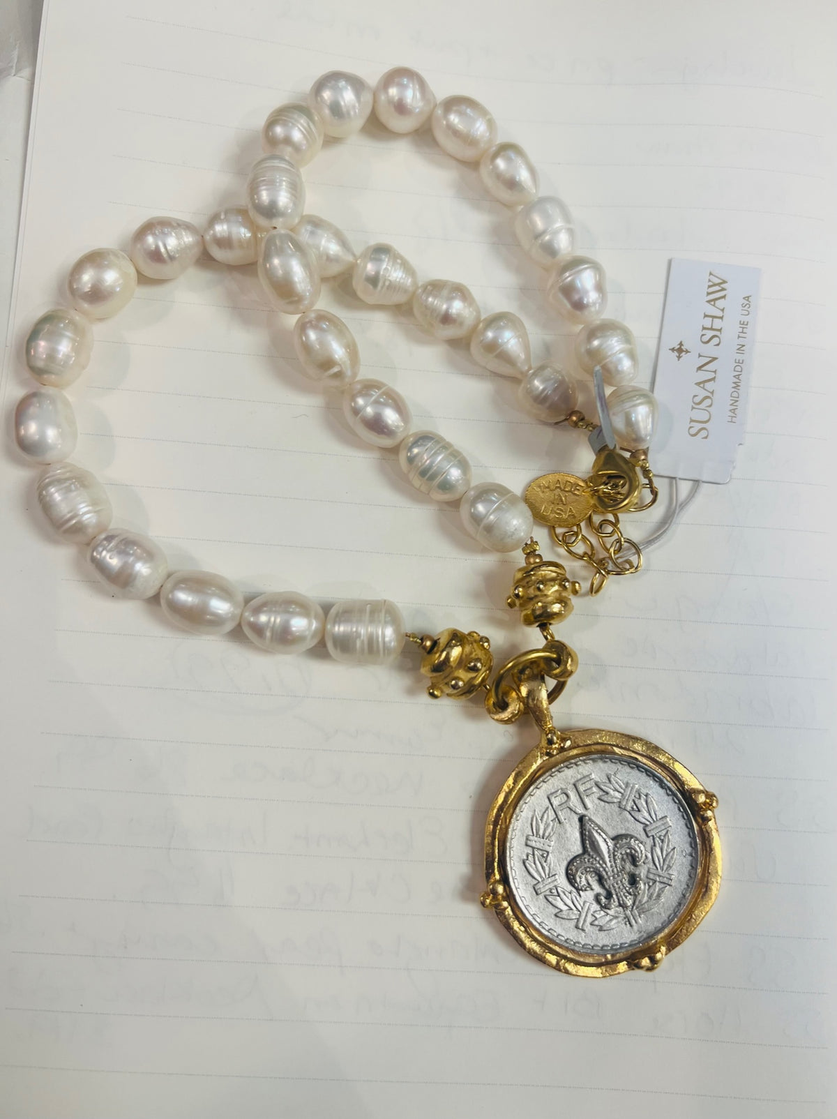 Susan Shaw Pearl & Gold Fleur De Lis Coin Necklace