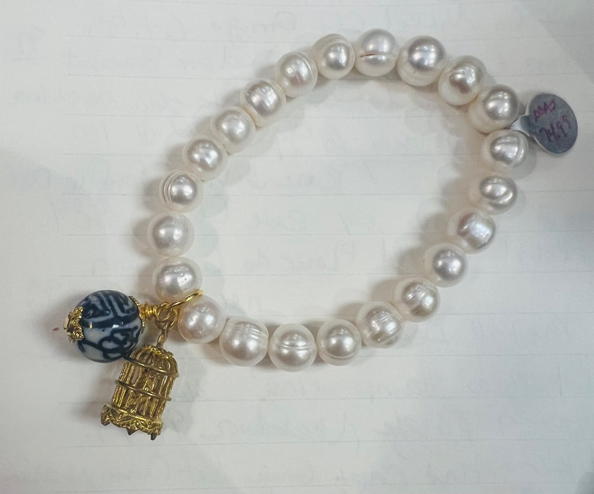 Pearl & Chinoiserie Bracelet with Gold Birdcage