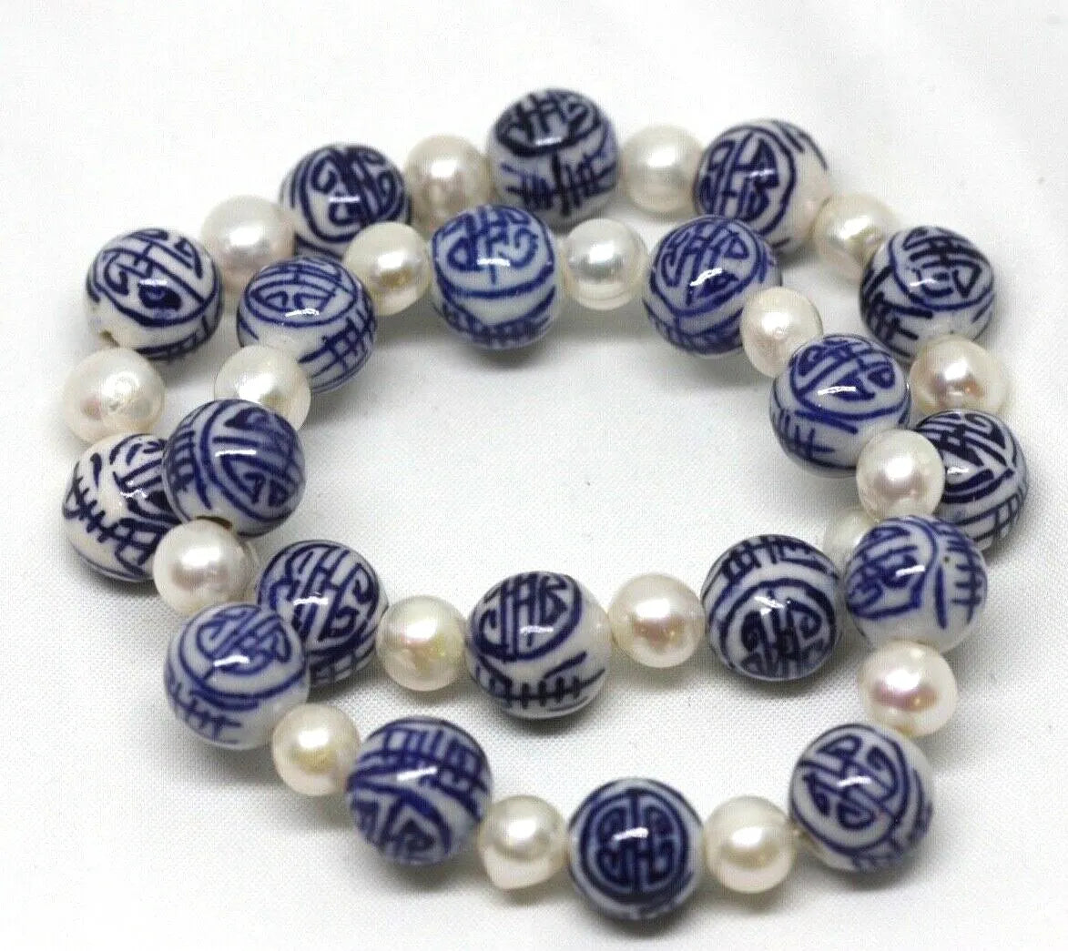 Blue & White Porcelain Bead Cultured Pearl Stretch Bracelet with Asian Characters