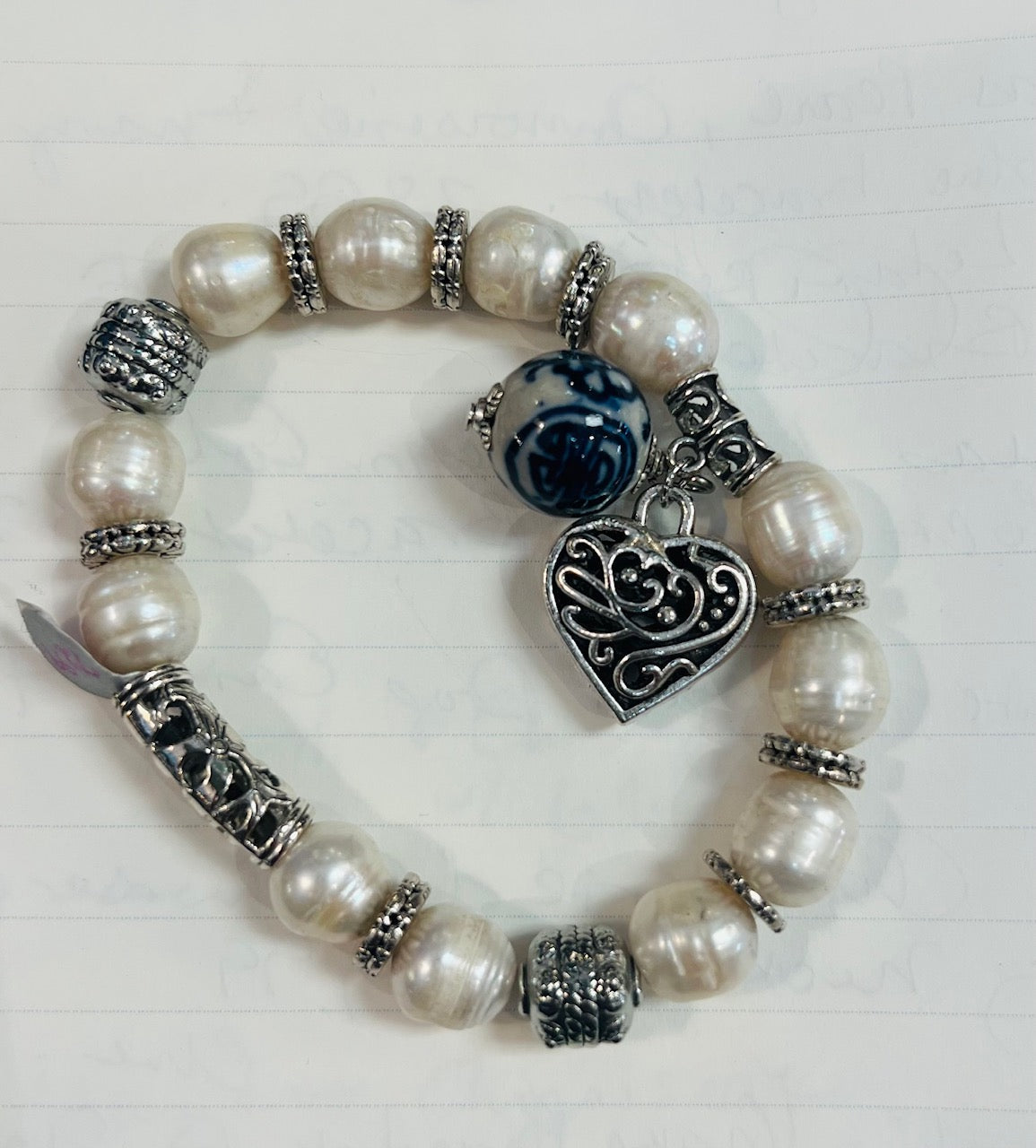 Heart Charm, Chinoiserie, Pearl & Silver Bracelet