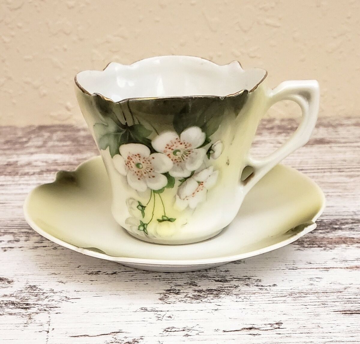 Antique RS Germany/Prussia Apple Blossom Teacup Green/Gold Flower Floral