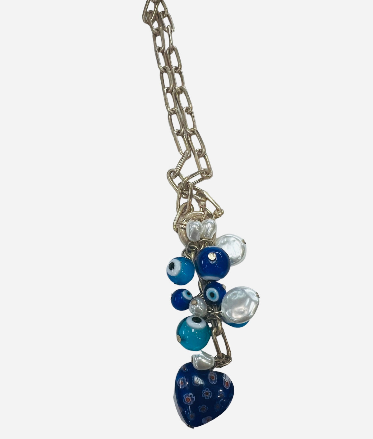 FJC Gold Chain, Freshwater Pearl & Blue Glass CHarm